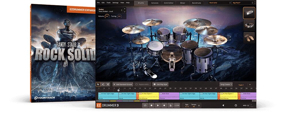 精心调校的核心音色 Toontrack – EZdrummer Rock Solid EZX 超现代摇滚扩展包，鼓声饱满的冲击力和清晰的穿透力虚拟鼓音源