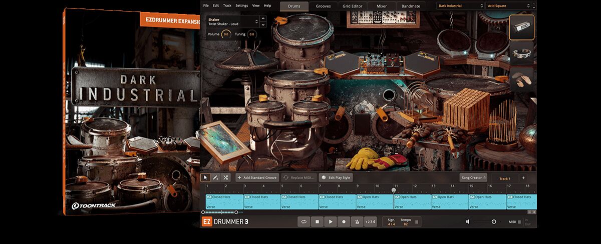 虚拟鼓音源扩展包 Toontrack Dark Industrial EZX 黑暗工业，阴郁低沉到尖锐暴烈-音乐制作冰冷坚硬的金属敲击、失真咆哮的底鼓与军鼓