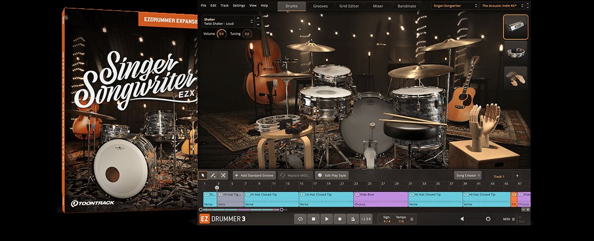 虚拟鼓音源扩展包 EZdrummer Singer-Songwriter EZX 创作歌手，通透的军鼓到深沉饱满的地鼓，完美融入以原声吉他和人声为主导的编曲音色库