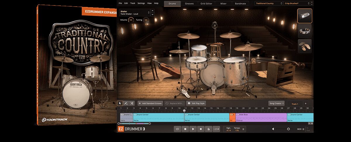 美国传统鼓组音色 Toontrack Traditional Country EZX 传统乡村,经典乡村音乐黄金时代声音美学,鼓组和打击乐器音源，民谣叙事、酒吧摇滚动态与质感