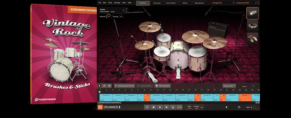 现代音乐制作鼓音源扩展包 Toontrack Vintage Rock EZX 复古摇滚,六七十年代经典鼓组音色与演奏质感,模拟磁带饱和、电子管过载、房间环境混响等效果