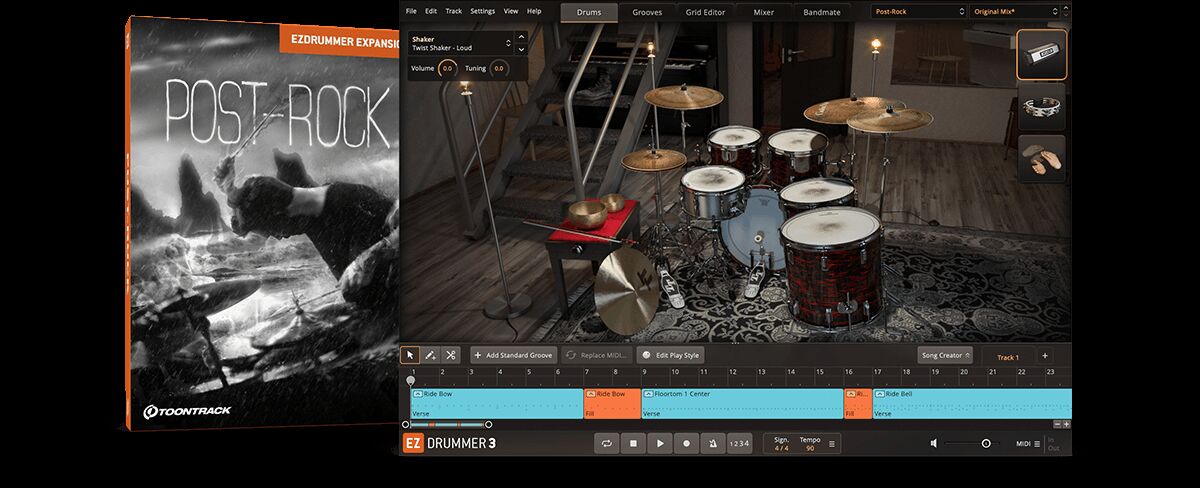 氛围感与动态张力 EZdrummer Post-Rock EZX 后摇摇滚，实录制的鼓组与打击乐采样，后摇、氛围摇滚实验性器乐创作