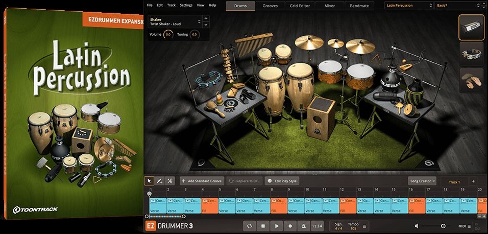 专业虚拟乐器库 EZdrummer Latin Percussion EZX 拉丁打击乐扩展包,康加鼓、邦戈鼓、蒂姆巴尔和沙槌、天巴鼓，直观编排调整音色混响