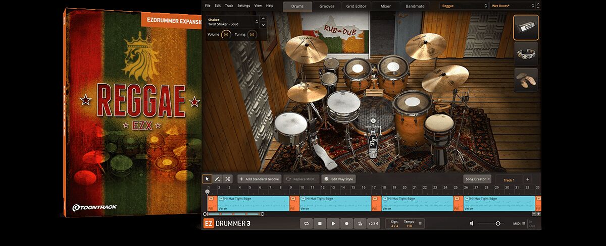 音源扩展包 EZdrummer Reggae EZX 雷鬼,融合了现代元素的雷鬼摇滚,“空心军鼓”音色、沉稳而富有弹性的贝斯鼓敲击，灵动清脆的踩镲与节奏镲片