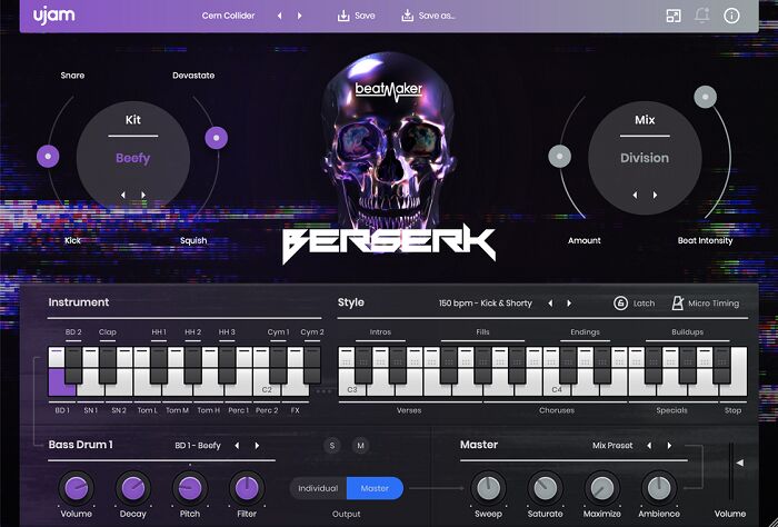丰富的预设音色库 UJAM BM Berserk v2.2.1 鼓声合成器，经典电子鼓、现代工业打击乐预设，强劲的节奏能量音乐制作工具
