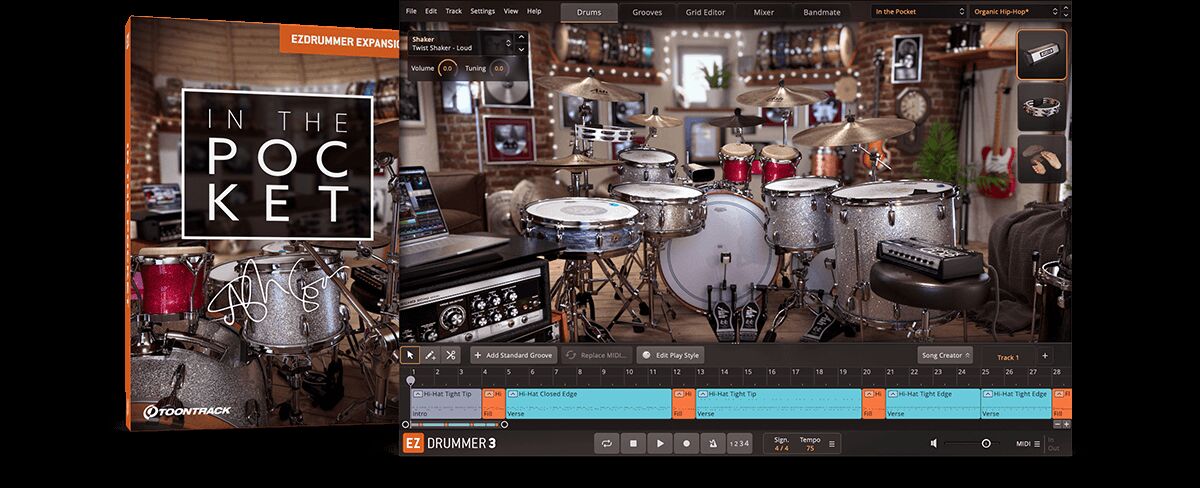 紧凑节拍自然鼓组音色 EZdrummer In the Pocket EZX 有机电子，虚拟乐器扩展-温暖通透的军鼓到深沉有力的底鼓