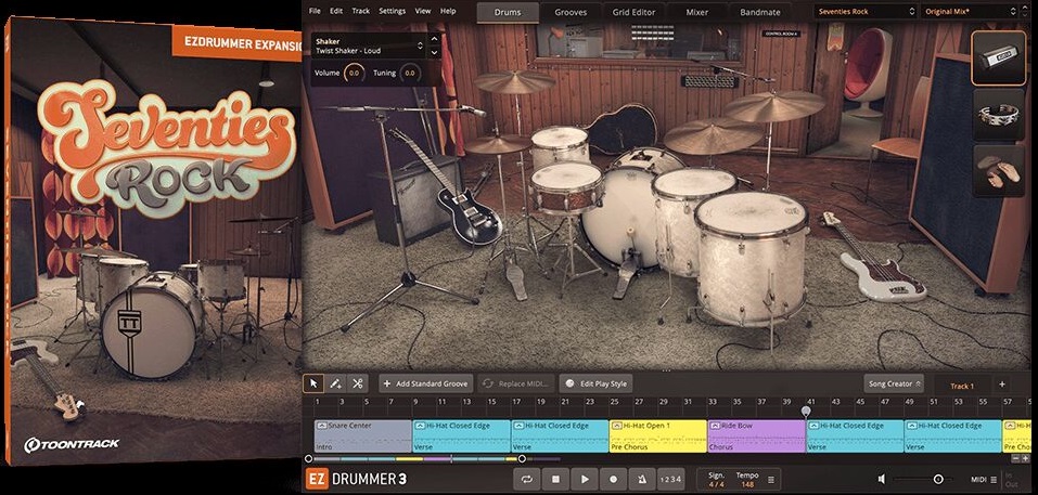 摇滚乐经典鼓声 EZdrummer Seventies Rock EZX 70年代摇滚鼓专业扩展音源库，磁带饱和与轻微压缩，复刻温暖饱满、富有动态的模拟质感音色