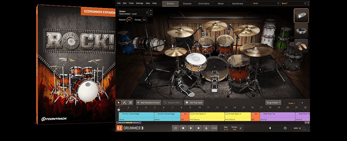 传奇鼓手真实演奏音源 Toontrack Rock! EZX 摇滚鼓，经典摇滚年代粗犷饱满的鼓组音色，现代硬摇滚与流行摇滚所需的清晰、有冲击力的混音预设