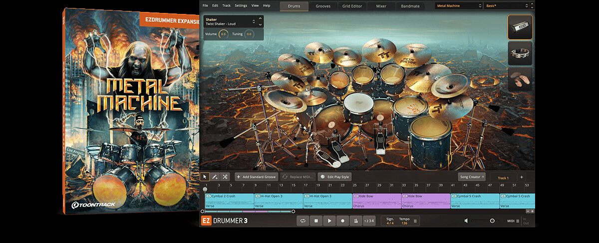 重型音乐风格 Toontrack Metal Machine EZX 金属机器，鼓音源扩展包-极具冲击力和现代感的鼓组音色库，真实鼓组 双踩底鼓等多种演奏力度层次的动态细节