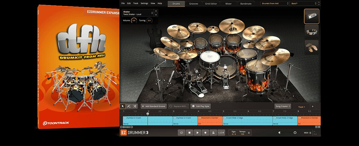 架子鼓音源库 Toontrack Drumkit From Hell EZX 地狱鼓组,破坏性的鼓声，厚重、颗粒感十足且极具冲击力的军鼓、底鼓和铿锵有力的镲片,现代金属巨兽音色