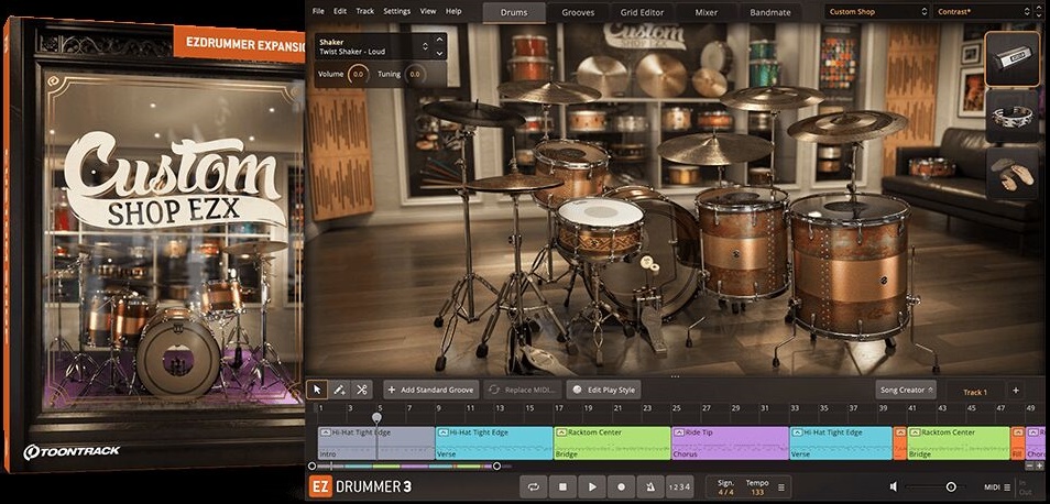 极致声音细节 EZdrummer Custom Shop EZX 鼓定制商店,原始鼓件、麦克风配置、房间环境以及后期处理选项中自由组合音乐编曲创作