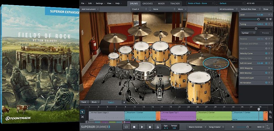 世界级录音棚采样 Toontrack Fields of Rock SDX 摇滚地带扩展包,Puk录音室精心录制的鼓组音色,海量预设MIDI乐句和精心设计的混音模板
