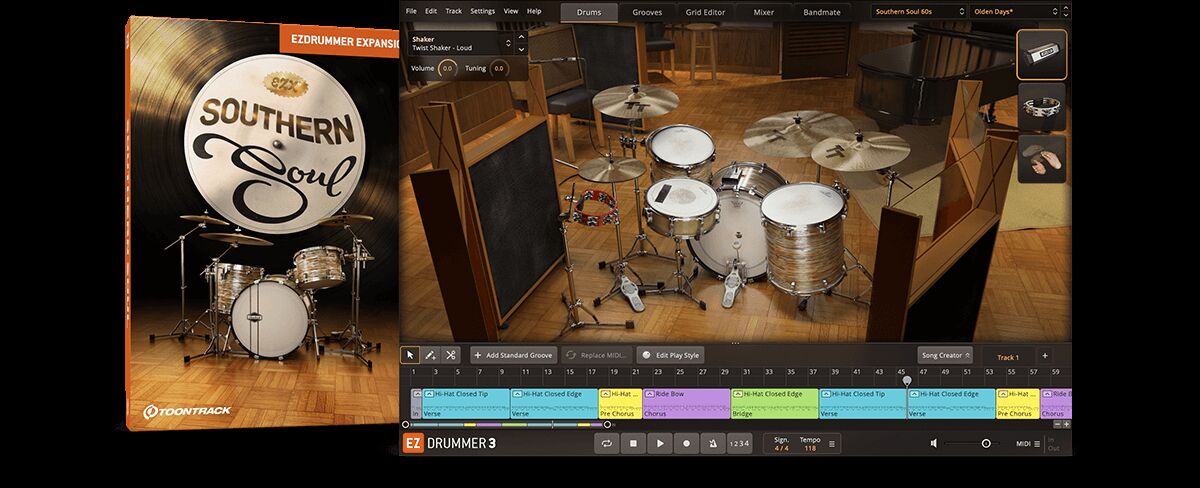 经典鼓组音色 Toontrack Southern Soul EZX 南方灵魂鼓 虚拟乐器，军鼓敲击、深沉而饱满的低音地鼓