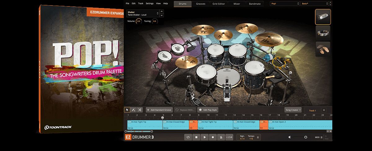 音乐制作设计虚拟鼓音源 Toontrack Pop! EZX 流行鼓，内置混音器灵活调整每件鼓器的音色、空间感和效果，专业级流行鼓声