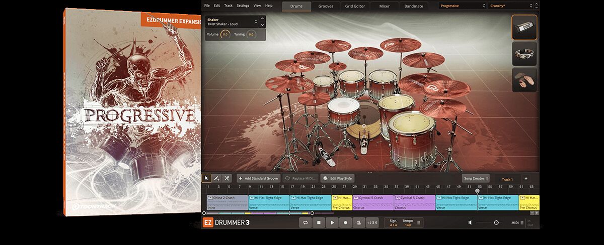 现代前卫 EZdrummer Progressive EZX 激进摇滚,金属鼓手量身打造的声音库,鼓组音色宏大音场,电子鼓元素、氛围铺底以及独特的打击乐采样原声鼓组