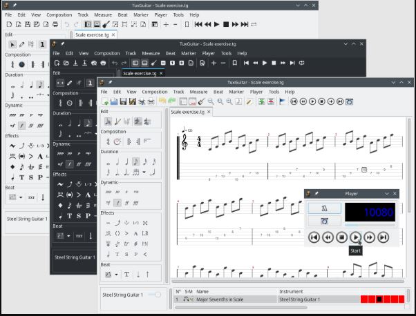 吉他制谱软件 TuxGuitar 创作编辑播放吉他六线谱,五线谱\贝斯谱乐谱格式,记录和编排复杂吉他演奏技巧,内置MIDI音序器