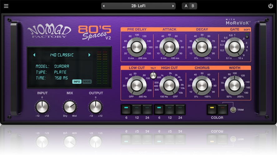 复古数字混响 Nomad Factory 80s Space 八十年代标志性的空间音效,经典板式\厅堂\空灵的合成器氛围,内置预设效果