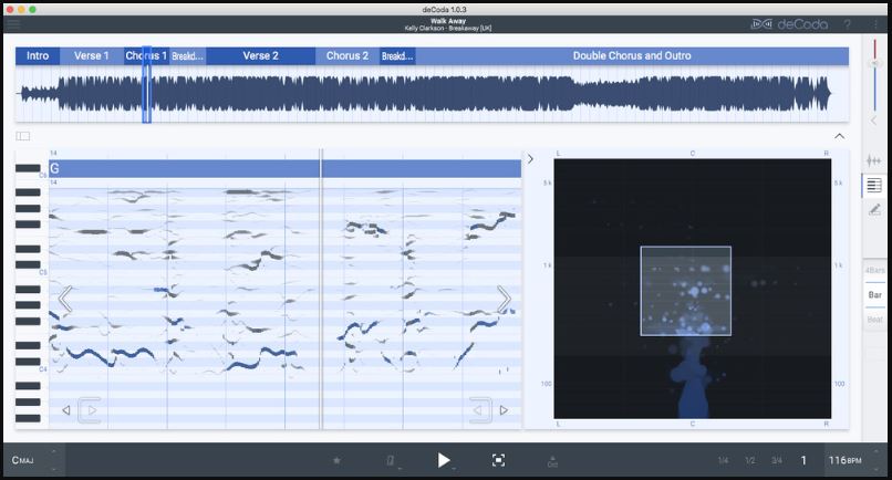 扒谱软件 zPlane deCoda v1.3.0 歌曲分析仪,识别主歌、副歌,精准识别和分离歌曲中旋律\和声\节奏\乐器音轨,转化可视化乐谱或MIDI数据