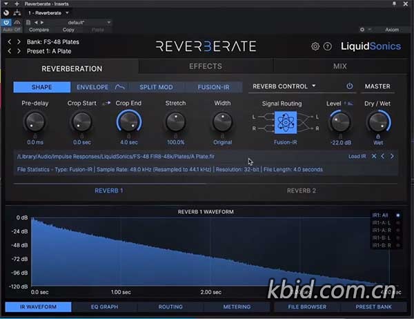 脉冲响应混响插件 LiquidSonics Reverberate 混音效果器，板式\厅堂\房间混响,模拟经典录音棚\传奇音乐厅\等各种声学环境，调制式立体声混响