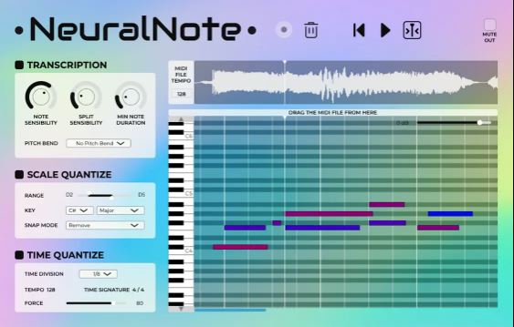音频转MIDI工具 DamRsn NeuralNote (Audio To MiDi) v1.1.0 音频文件中的旋律\和声\复杂音乐元素转换为MIDI数据