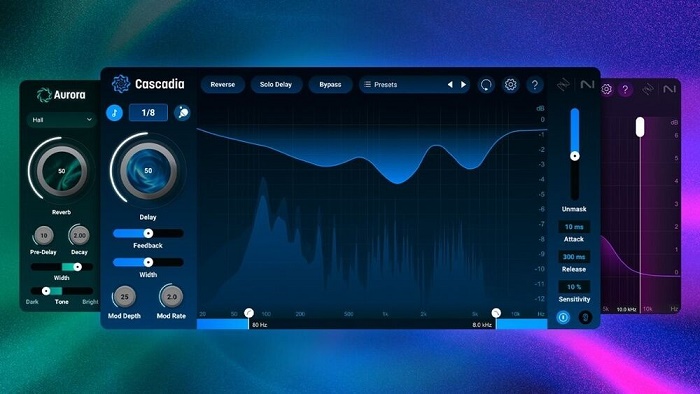 声音设计引擎\混合型插件 iZotope – Cascadia 延迟效果器，磁带式\数字式\模拟式延迟类型,复古音色或打造清晰现代的延迟线条,内置先进调制引擎