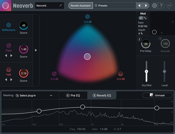 AI 辅助混音 iZotope Neoverb 人工智能混响效果器插件,内置 Exponential Audio 殿堂级算法引擎,频谱平衡\预延迟,智能助手实时分析输入音频特性