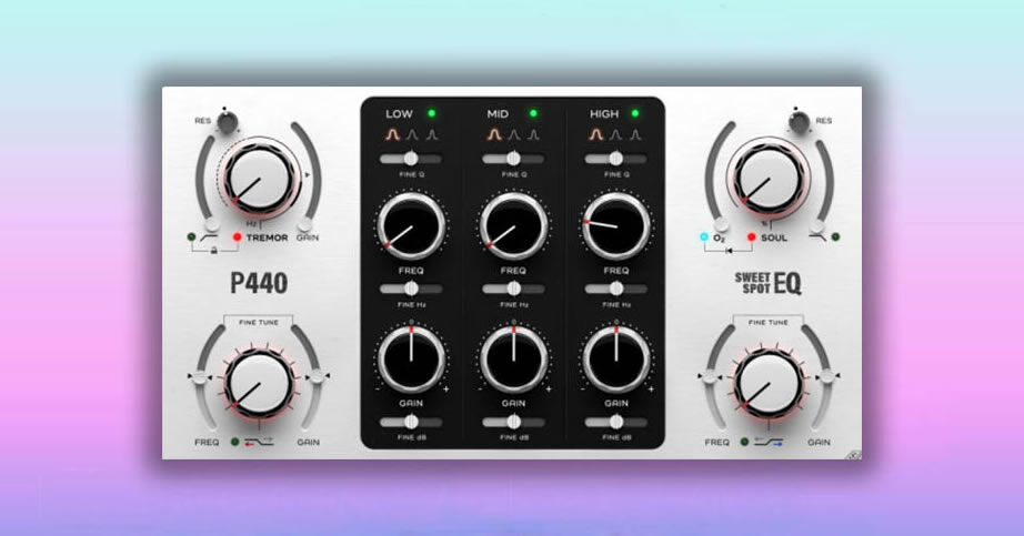 人声\吉他\混音总线 Pulsar Modular P440 Sweet Spot v2 EQ均衡器,母带处理增益旋钮\五档Q值调节\实时频谱分析仪与动态响应曲线可视化调节功能