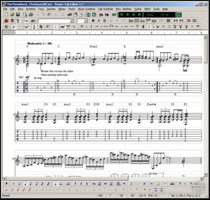 贝斯\吉他制谱软件 Power Tab Editor 1.7 Build 80 创作吉他乐谱,和弦图\节奏斜线\曲度\滑音\链音\拉音\和声和手掌静音
