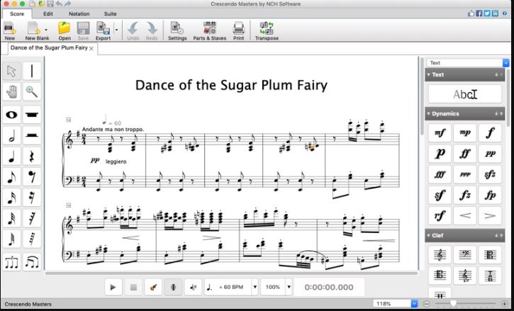 交响乐总谱编写 NCH Crescendo Masters 11.06 乐谱软件，内置音符符号库休止符、连音线、装饰音以及力度和表情记号，提升记谱速度