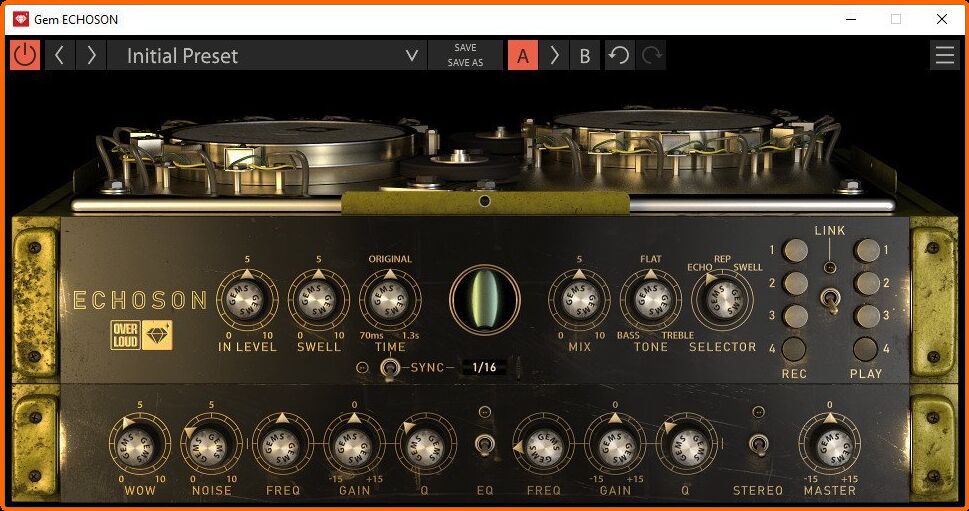 传奇延迟插件 Overloud Gem ECHOSON 模拟硬件设备效果器的经典音色，先进算法建模-可调节磁带饱和度\弹簧混响精确的延迟时间控制