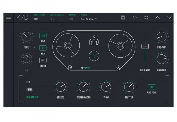 经典磁带延迟插件 Imaginando – K7D 虚拟效果器，调整延迟时间\反馈强度\磁头漂移\饱和度以及高频损耗关键参数,塑造充满怀旧质感空间音效