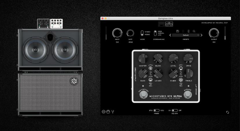 贝斯过载前级插件 Neural DSP Darkglass Ultra 模拟 Darkglass 硬件设备干琴信号与狂野的失真音色混合,控制过载的颗粒感与谐波饱和度效果
