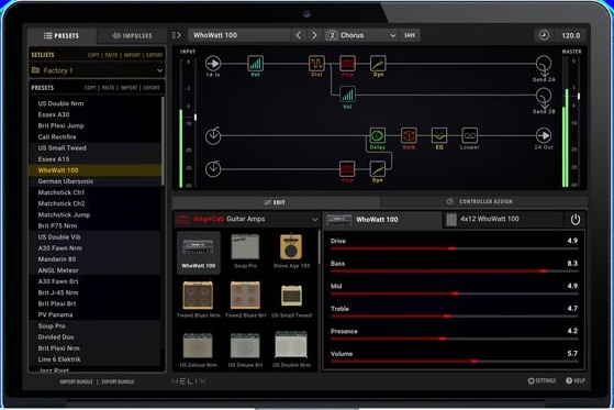 吉他效果器 Line6 Helix Native 现代高增益金属音色,支持MIDI控制与自动化参数,编曲中实现动态音色变化，低延迟性能实时演奏的流畅体验