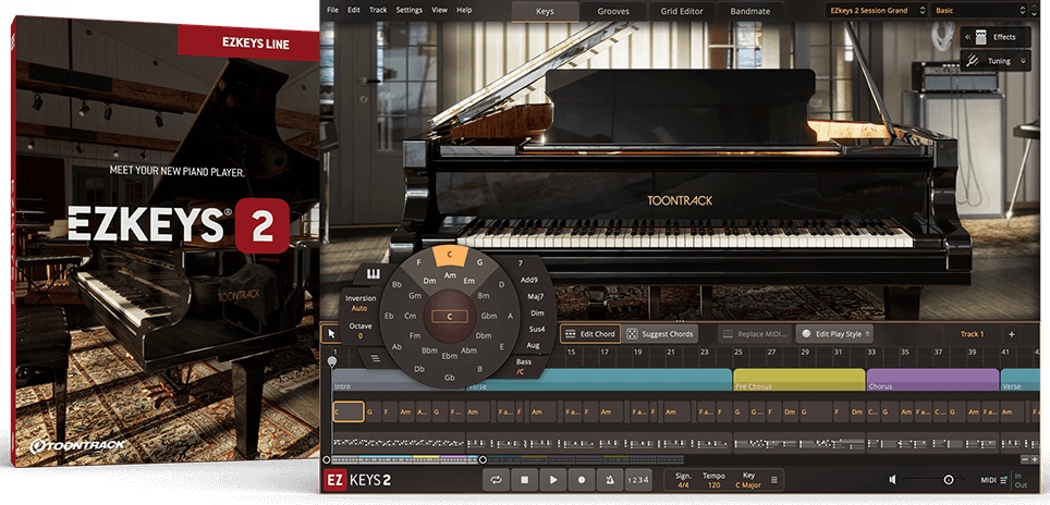 EZkeys 2 2.1.1 键盘手主程序VR版本，适用于各种风格和声音, MIDI 库涵盖不同的演奏风格和音乐流派，完美模拟三角钢琴的踏板共鸣效应