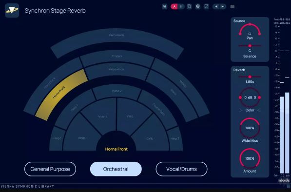 维也纳同步舞台混响 Synchron Stage Reverb v1.1.644 录音棚声学环境精确建模，还原房间的自然早期反射和混响尾音，保留舞台特有空间深度与音色染色